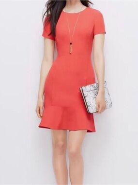 Ann Taylor Coral Short-Sleeve Fit & Flare Midi Dress